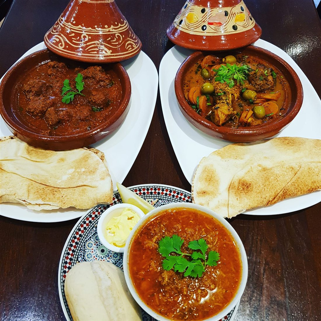 Soup and tagines in clay pots