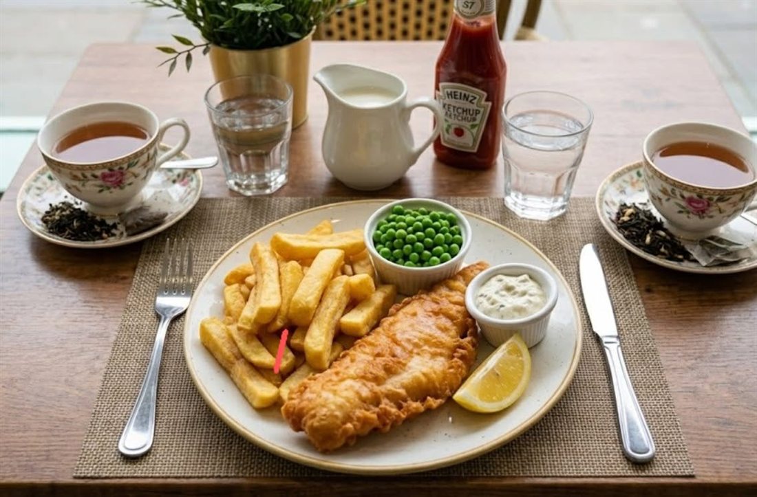 Fish and chips with peas