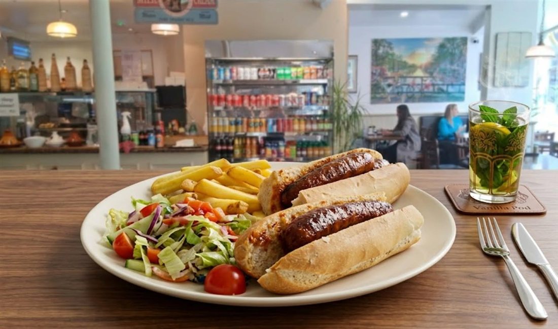 Merguez baguette with chips and salad